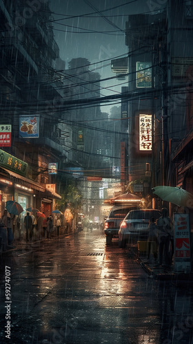 Rainy Japanese street at dusk  lit by neon signs of shops and restaurants. Passersby with umbrellas navigate through puddles  AI generative imaginary Japan