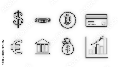 transparent vectorial finance and money led neon outline icons set gray black euro, dollar, banks, graphs, bag symbols