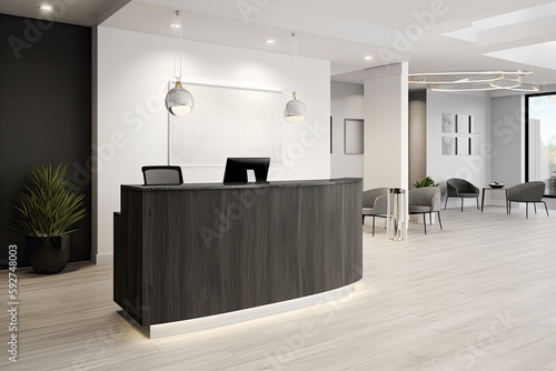 professional reception area with a sleek desk, modern seating, and a welcoming ambiance, creating a positive first impression for visitors and clients - Generative AI