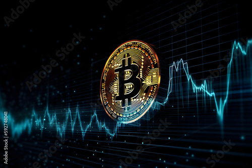 Bitcoin cryptocurrency, financial market analysis charts, blockchain cyber protection and digital security, generative ai