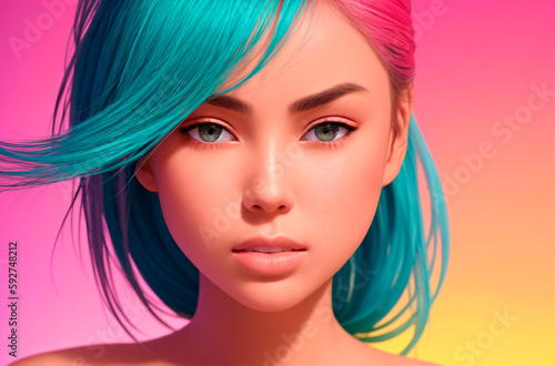 Portrait of a beautiful young woman with turquoise hair. Generative AI.