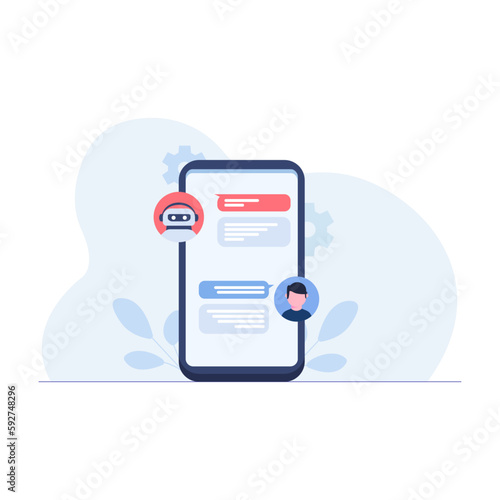 Customer dialog with chat bot on mobile phone. Virtual assistant via messaging. Vector illustration.