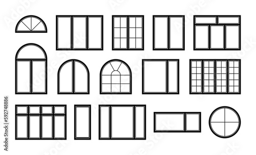Windows in the vector are isolated on a white background. A set of window icons.A set with silhouettes of window frames for the house. Architectural elements. Round square windows. Window shutters
