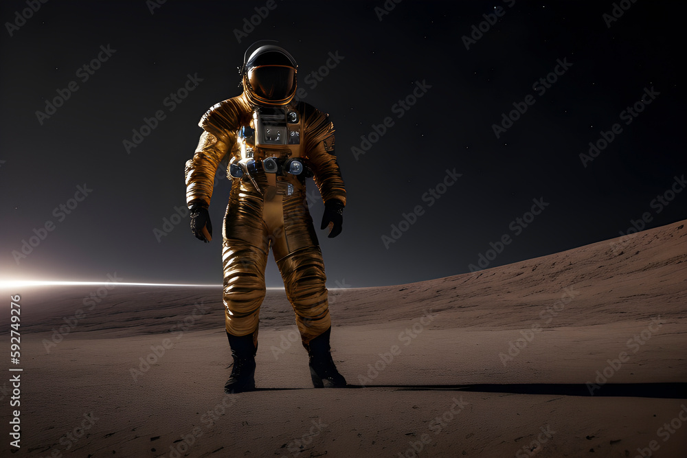 An astronaut in a spacesuit stands on the moon in space. cosmonautics day. Generative AI An astronaut in a spacesuit stands on the moon in space. cosmonautics day. Generative AI