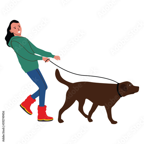 Girl with Dog on walk, flat design, vector