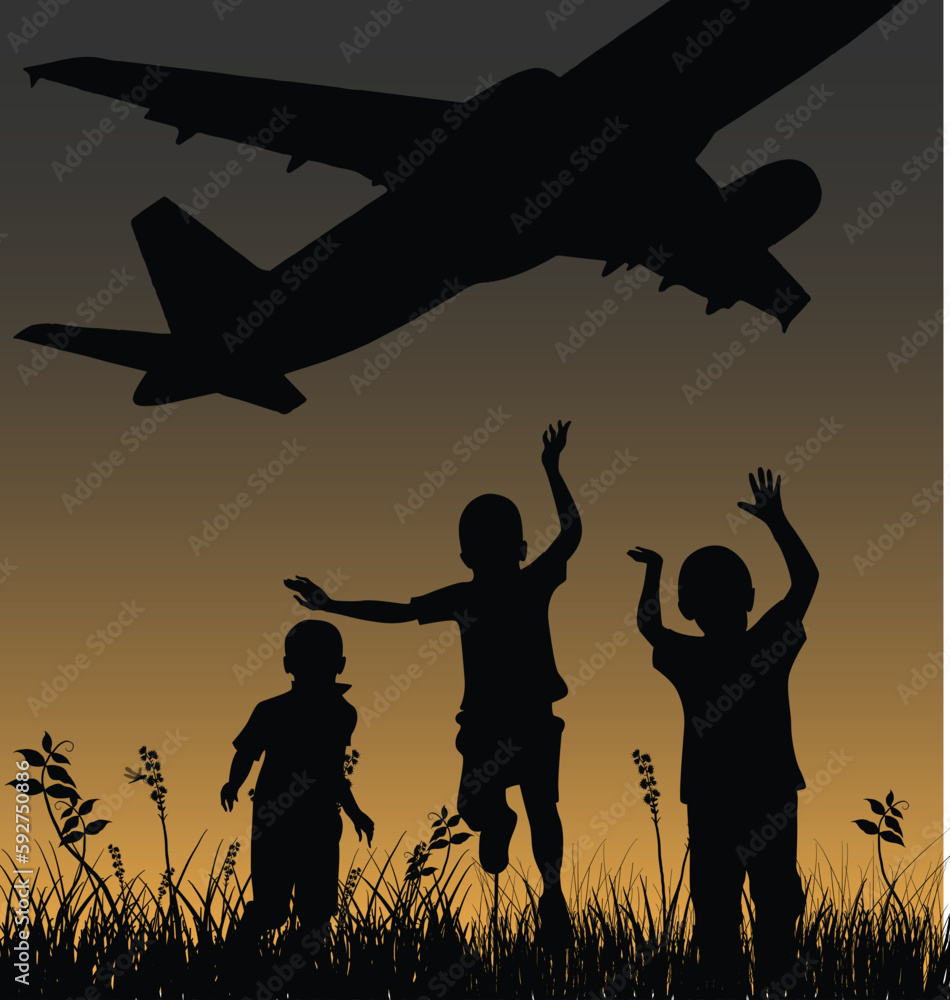 Kids enjoy with Aeroplan flying in air, vector