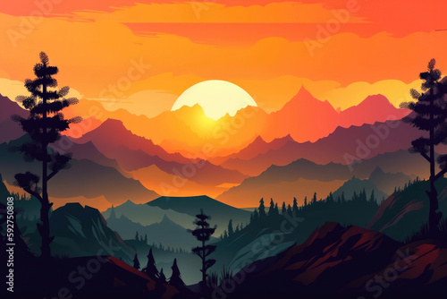 Beautiful sunrise background  Silhouette mountain style. Generative AI