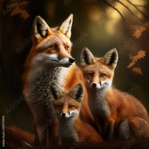 Three red foxes in a forest, Generative AI