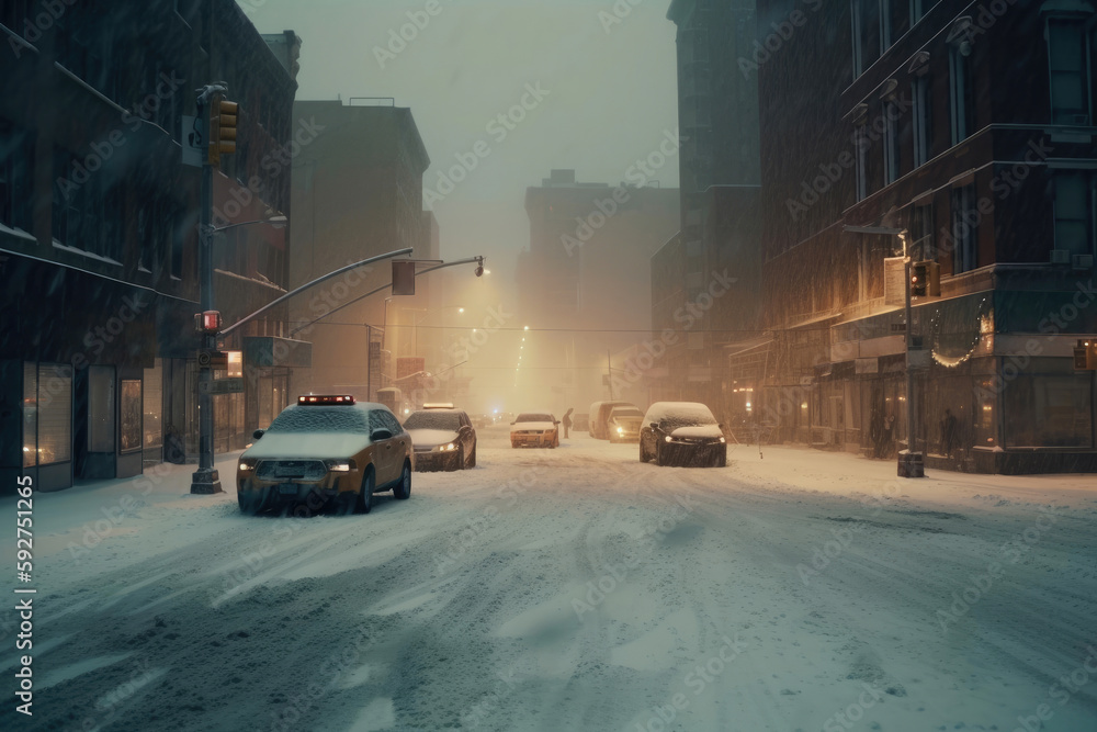 Street scene of a big snow storm. Generative AI