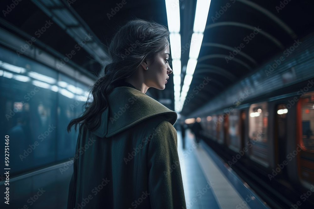 Woman wait for metro car at subway station with train passing by on background. Generative AI