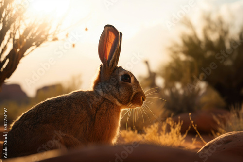 Rabbit in the desert during golden hour. Generative AI