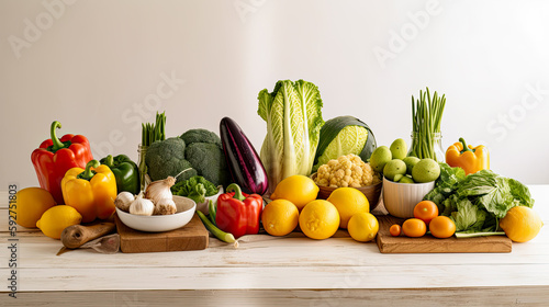 Healthy food with vegetables and fruits on a table with clean background - generative AI © Leonardo Maffei