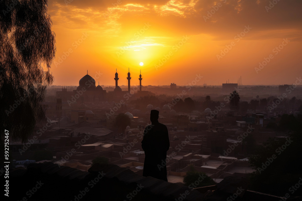 Fototapeta premium Mosque and city in Silhouette. Generative AI