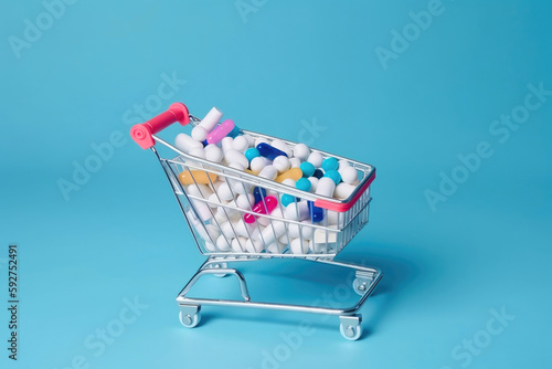 Medicines and pills levitation in a shopping cart on blue background. Generative AI