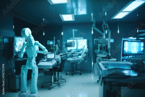 Operating room Doctor or Surgeon anatomy on Advanced robotic surgery machine futuristic virtual interface. Generative AI