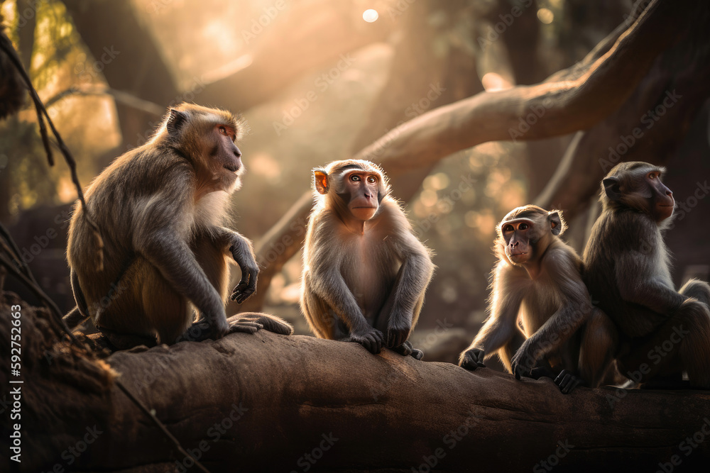 Macaques. Group of inquisitive monkeys on nature. Generative AI