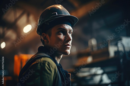 Handsome Professional Worker Wearing Safety Vest and Hard Hat. Generative AI