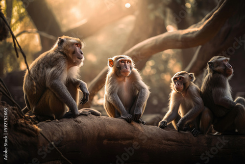 Macaques. Group of inquisitive monkeys on nature. Generative AI © Andrii 