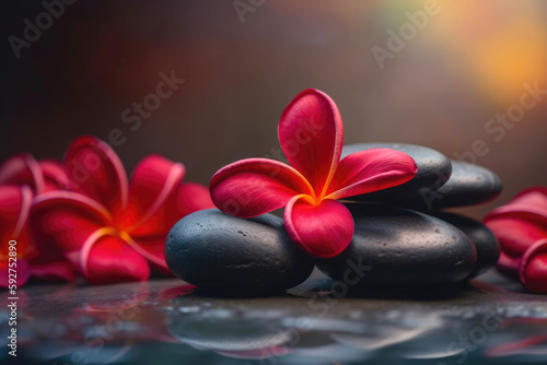 Holistic health concept of zen stones with deep red plumeria flower on blurred background. Generative AI