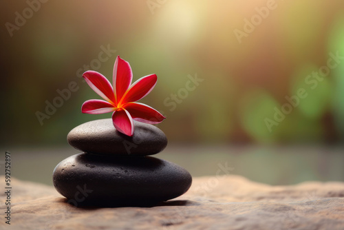 Holistic health concept of zen stones with deep red plumeria flower. Generative AI