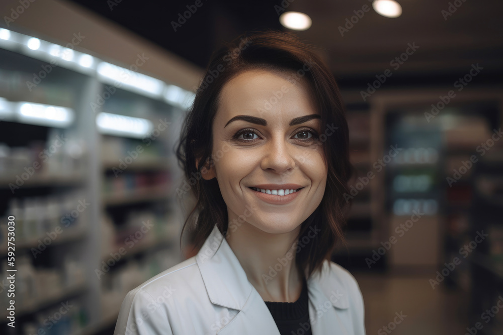 Portrait of a smiling healthcare worker in modern pharmacy. Generative AI