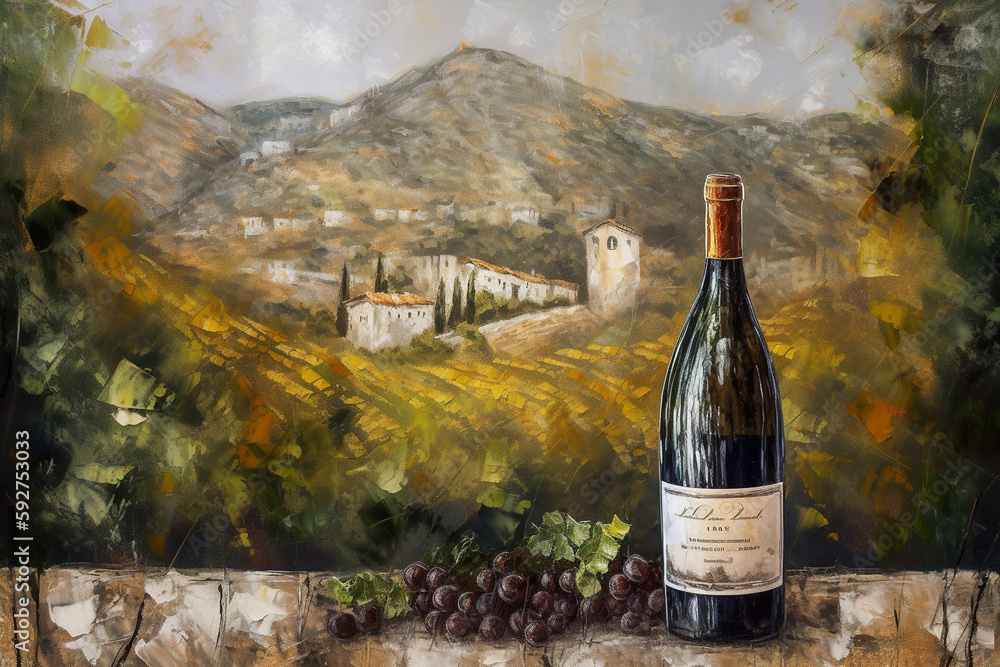 Vineyard with bottle of vine, AI generative winemaking illustration