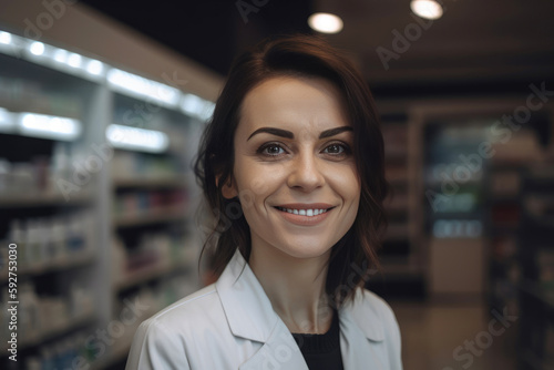 Portrait of a smiling healthcare worker in modern pharmacy. Generative AI