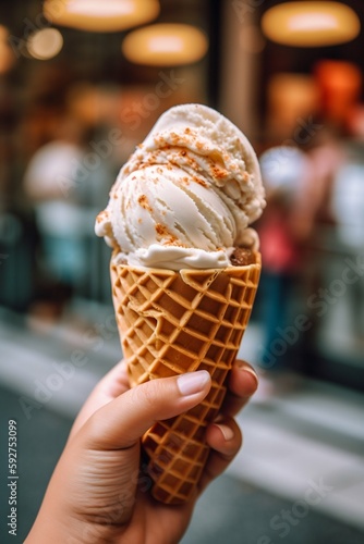 Person Holding Large Ice Cream Cone with Sprinkles. Generative AI