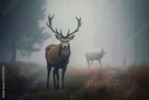 Deer nature wildlife animal walking proud out of the mist. Generative AI