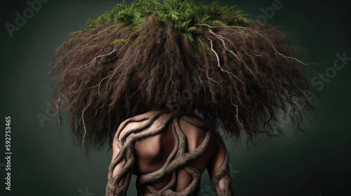 Ilustración e un cuerpo de mujer mezclado con ramas,raices y hojas de arbol. Concepto de ecología. Generado con IA photo