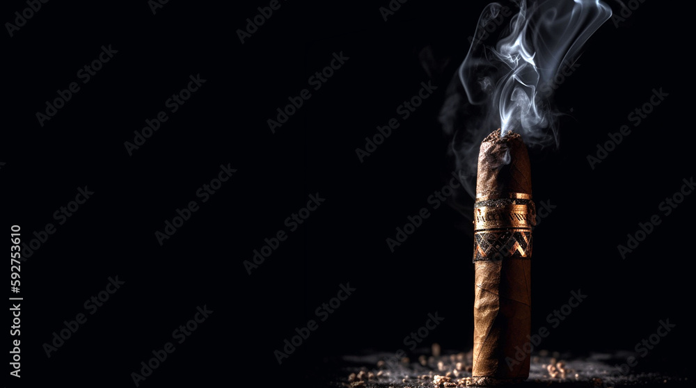 burning brown cigar with smoke on black background with copy space, Cuban cigars,robusto burning brown cigar with smoke on black background with copy space, Cuban cigars,robusto