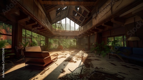 Old damaged resort interior, large room, exotic plants, forest around, daylight coming through broken roof and damaged vindows, AI generative