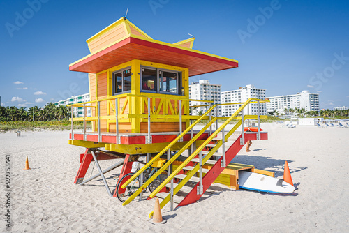 Miami Beach, USA - December 5, 2022. View of classic art deco lifeguard tower in South Miami Beach