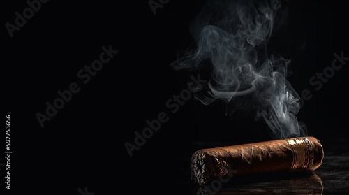 burning brown cigar with smoke on black background with copy space, Cuban cigars,robusto