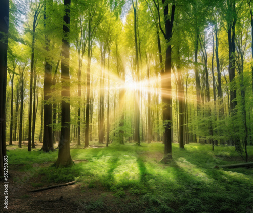 Serene Forest: Sunbeams Illuminating the Green Canopy Created with Generative AI and Other Techniques © Qstock