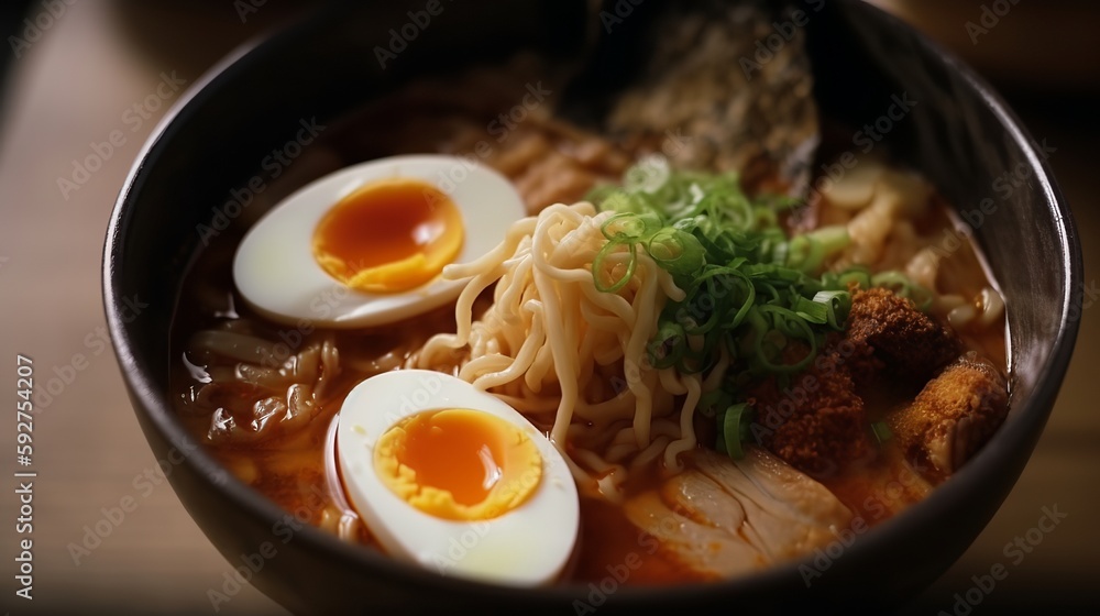 Kimchi Ramen - A hearty bowl of ramen noodles with pork belly, soft-boiled egg, and spicy Kimchi in a rich broth Kimchi Ramen - A hearty bowl of ramen noodles with pork belly, soft-boiled egg, and spicy Kimchi in a rich broth