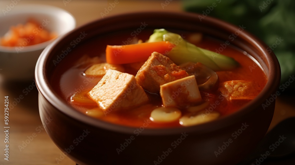 Kimchi Stew - A flavorful soup made with Kimchi, pork belly, tofu, and vegetables, served with steaming hot rice Kimchi Stew - A flavorful soup made with Kimchi, pork belly, tofu, and vegetables, served with steaming hot rice