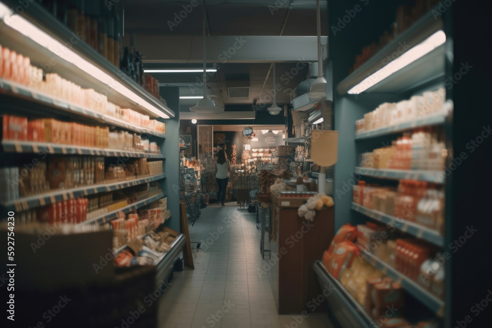 Abstract blurred supermarket aisle with colorful shelves and unrecognizable customers as background. Generative AI