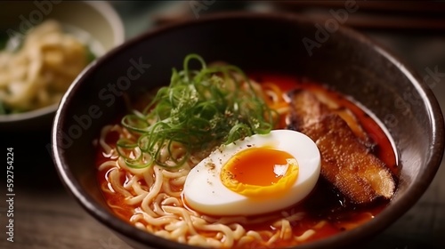 Kimchi Ramen - A hearty bowl of ramen noodles with pork belly, soft-boiled egg, and spicy Kimchi in a rich broth