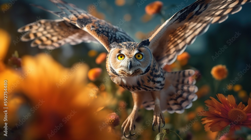Obraz premium Stunning illustration of flying owl on spring field full of bright wild flowers. Forest bird portrait. Splash screen or sketchbook cover template. Outdoor background. AI generative image.