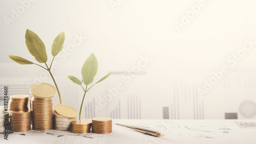 Plants from seeds growing out of coins, concept of investing and making money, financial growth