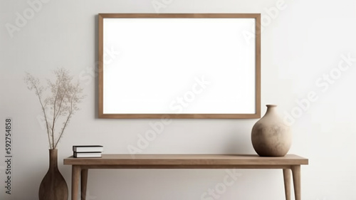 Blank canvas or frame above desk in living room, for art or photo display, mock up wall decor