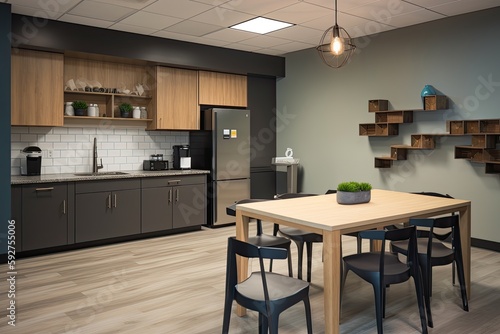modern breakroom with cozy seating, a fully stocked pantry, recreational activities, and vibrant decor, providing employees with a refreshing space to relax - Generative AI © Hanjin