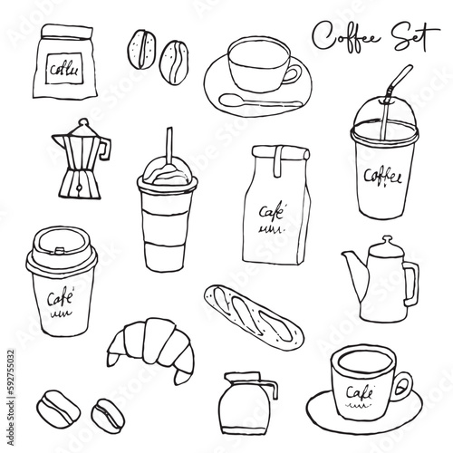 Set of coffee doodles, outline drawing style vector illustration
