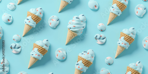 Fondo isometrico de helado de algodón de azúcar, divertidos cucuruchos azules con chocolate de colores, verano aesthetic, hecho con IA photo
