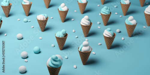 Muchos cucuruchos de helado de nata y algodón de azúcar azul, helado de nata en fondo isometrico, hecho con IA photo
