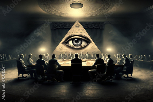 Illuminati meeting, all seeing eye pyramid, concept of secret societies, elite rulers, occultism and masonic conspiracies