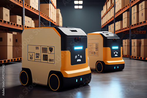 Autonomous robot powered by artificial intelligence and advanced technology working in logistics packaging and shipping center warehouse.