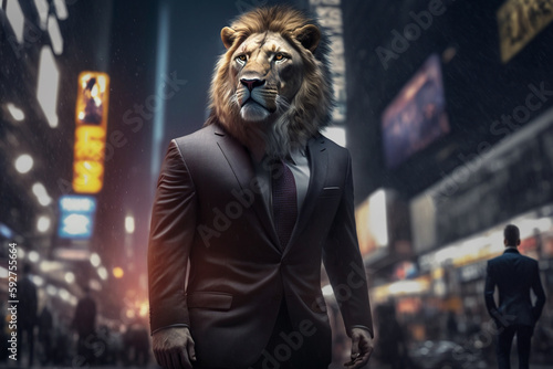 Lion wearing a business suit, concept of leadership, vision and confidence, generative ai