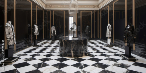 Showroom de lujo, tienda de moda en París,  salón de mármol negro, vestidor inspirado en un palacio renacentista, hecho con IA photo